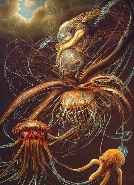 Image similar to an anatomical oil painting of a Harpy jellyfish from a medical journal by Nychos, Julie Bell, Peter Mohrbacher highly detailed, high detail, 8k, storm clouds, birds, dramatic lighting