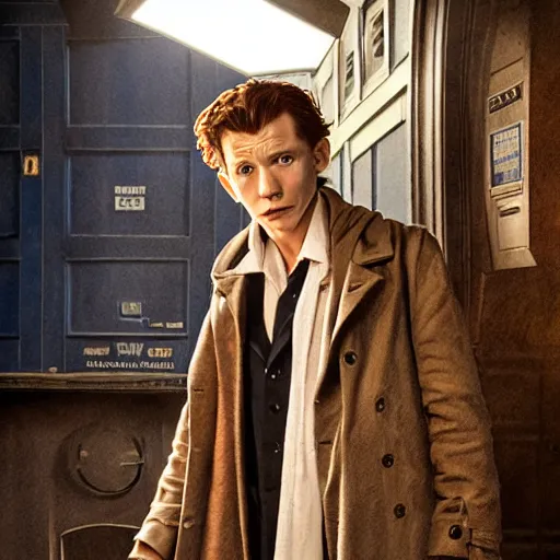 Image similar to tom holland as a rough dirty old man with a scruffy beard in a dark blue trenchcoat as the new doctor who, cinematic, volumetric lighting, f 8 aperture, cinematic eastman 5 3 8 4 film, photorealistic by greg rutkowski, by stanley artgerm, by alphonse mucha