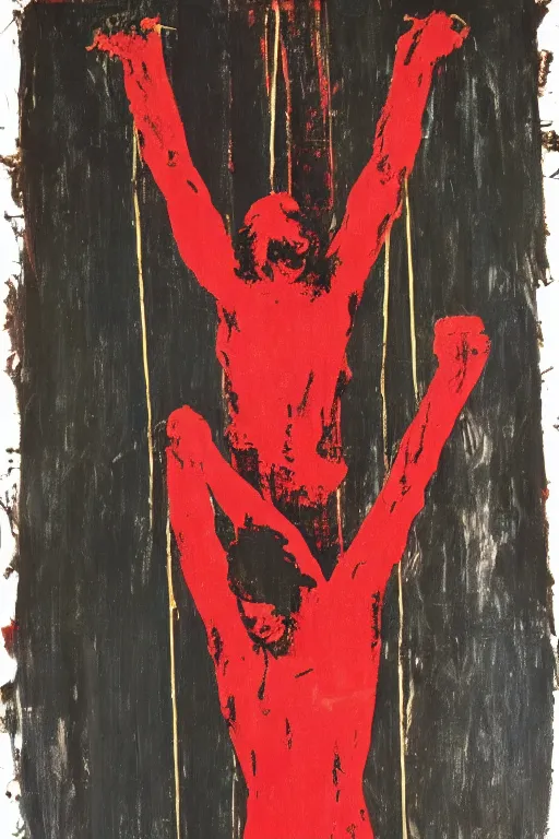 Prompt: red bloody jesus christ crucified painted by cy twombly and andy warhol,