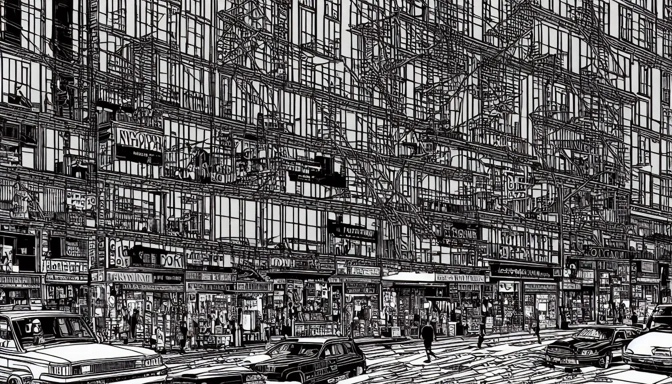 Image similar to new york shops by dan mumford and peter doig and edward hopper, symmetrical, minimal, black ink, thick lines highly detailed, muted colours 8 k