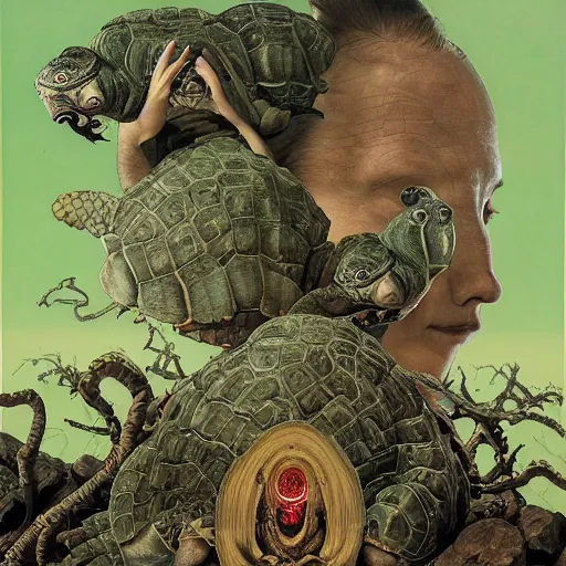 Prompt: senior genetically engineered ninja tortoises, weapons floating in the air, dark energy portals. cinematic horror by chris cunningham, junji ito, aleksandra waliszewska, richard corben, norman rockwell, highly detailed, vivid color, beksinski painting, part by adrian ghenie and gerhard richter. art by takato yamamoto. masterpiece