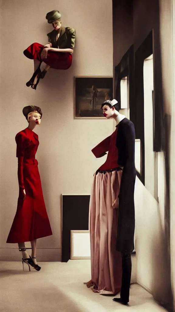 Image similar to Editorial photoshoot for Vogue Italy, haute couture, vintage inspired, cinematic, inspired by the paintings of Edward Hopper and René Magritte photographed and lensed by Tim Walker