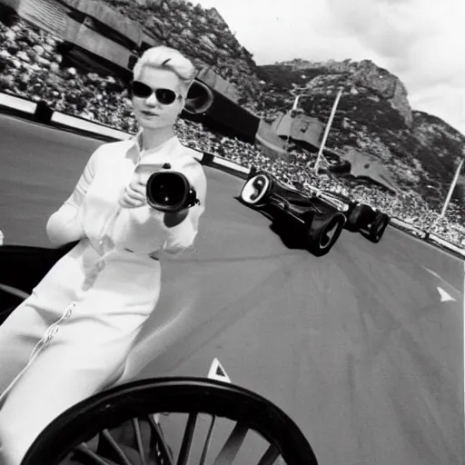 Image similar to selfie smartphone photo of a young Grace Kelly at the Monaco Gran Prix, F1 cars blurred in background, iphone photo, smartphone resolution, low resolution camera