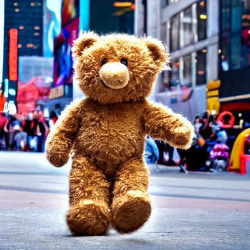 Image similar to teddy bear skateboarding in time square, bokeh, hyper realistic, street photography