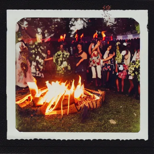 Prompt: midsommar festival, polaroid, fire, flowers