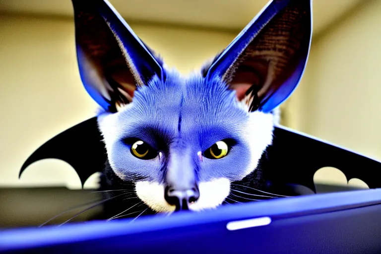 Image similar to a blue - and - black male catbat fursona with blue / green heterochromatic eyes and huge bat ears, photo of the catbat on his computer