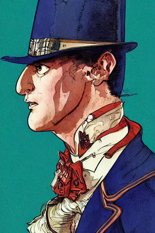 Image similar to zoomed out portrait of a duke, victorian era, art deco style, stylized illustration by moebius and juan gimenez, watercolor gouache detailed paintings in style of syd mead, ridley scott, metabaron, ghibli studio vibe, vivid colorful comics style, clean line, diesel punk, artstation