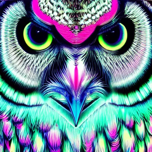 Prompt: neon tribal eurasian owl, pastel neon, photorealistic render 8k intricate, elegant, highly detailed, smooth, sharp focus, detailed face, high contrast, dramatic lighting, graphic novel, art by alex grey