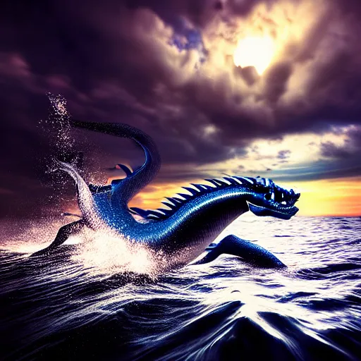 Image similar to 35mm photography, artgerm, sea dragon coming out of the water to attack a boat, rough seas, night, lighting, cinematic lighting, realistic