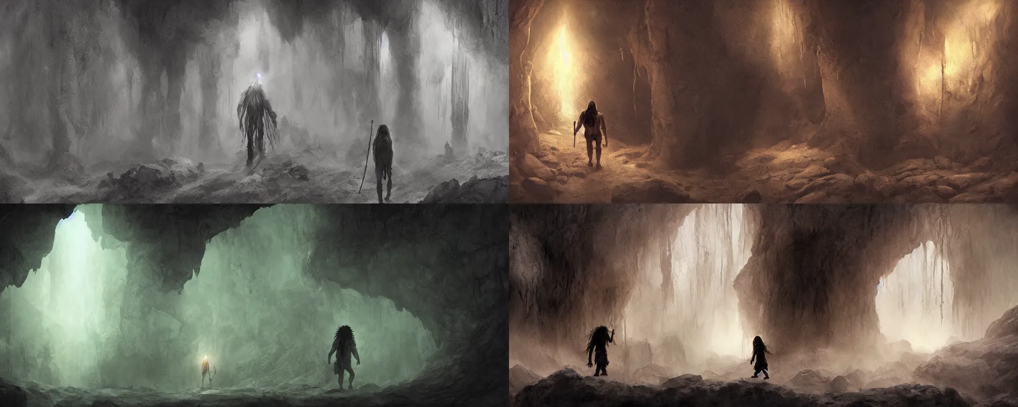 Prompt: a indigenous man with long hairs walks in a deep cave , he has a torch in his hands, in alan lee and marc simonetti and emil melmoth style , cinematic lighting