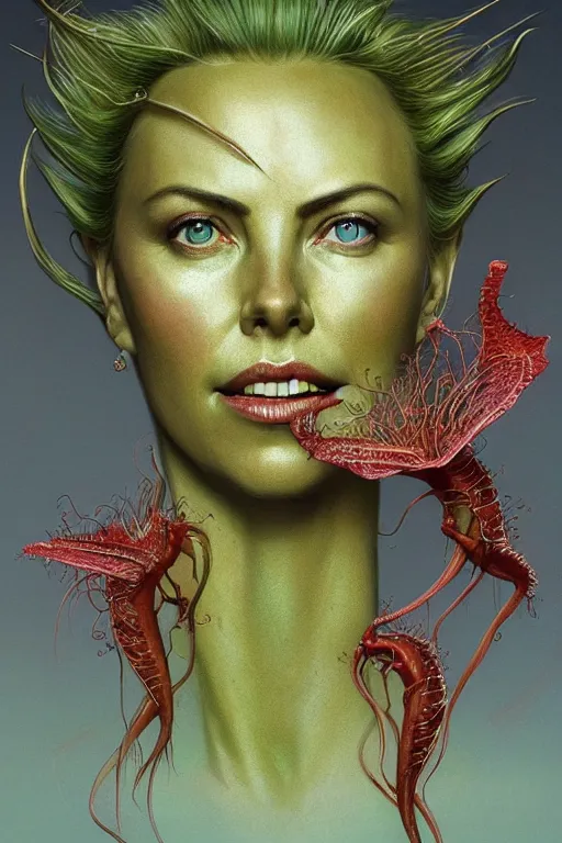 Image similar to Portrait of Venus flytrap with face of Charlize Theron, intricate, highly detailed, smooth, artstation, digital illustration by Ruan Jia and Mandy Jurgens and Artgerm and Wayne Barlowe and Greg Rutkowski and Zdislav Beksinski