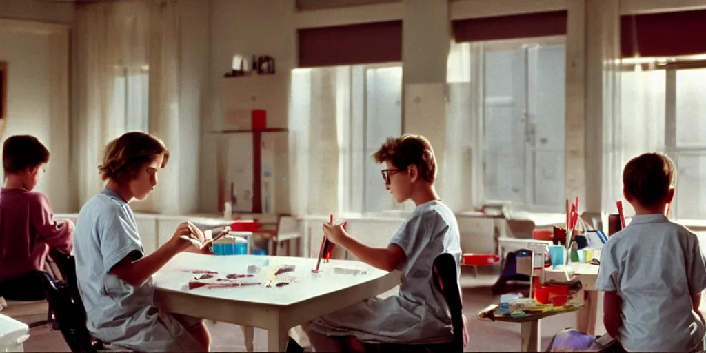 Image similar to screenshot of a scene at a private school where a senator's son paints his nails alone, 1990s psychological thriller by Stanely Kubrick film, color, anamorphic lenses, detailed, sunlit windows, moody cinematography