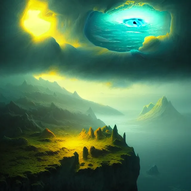 Image similar to fantasy aerial iceland landscape in the form of the human eye!!!!!, volumetric lighting, colorful, sharp and focus, ultra detailed, beautifully lit landscape, astrophotography, in the art style of dan mumford, ivan aivazovsky and marc simonetti