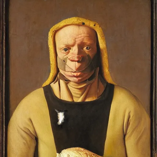 Prompt: portrait of a medieval thief holding a loaf of bread and wearing black balaclava mask by George Stubbs, renaissance painting, oild painting, old master