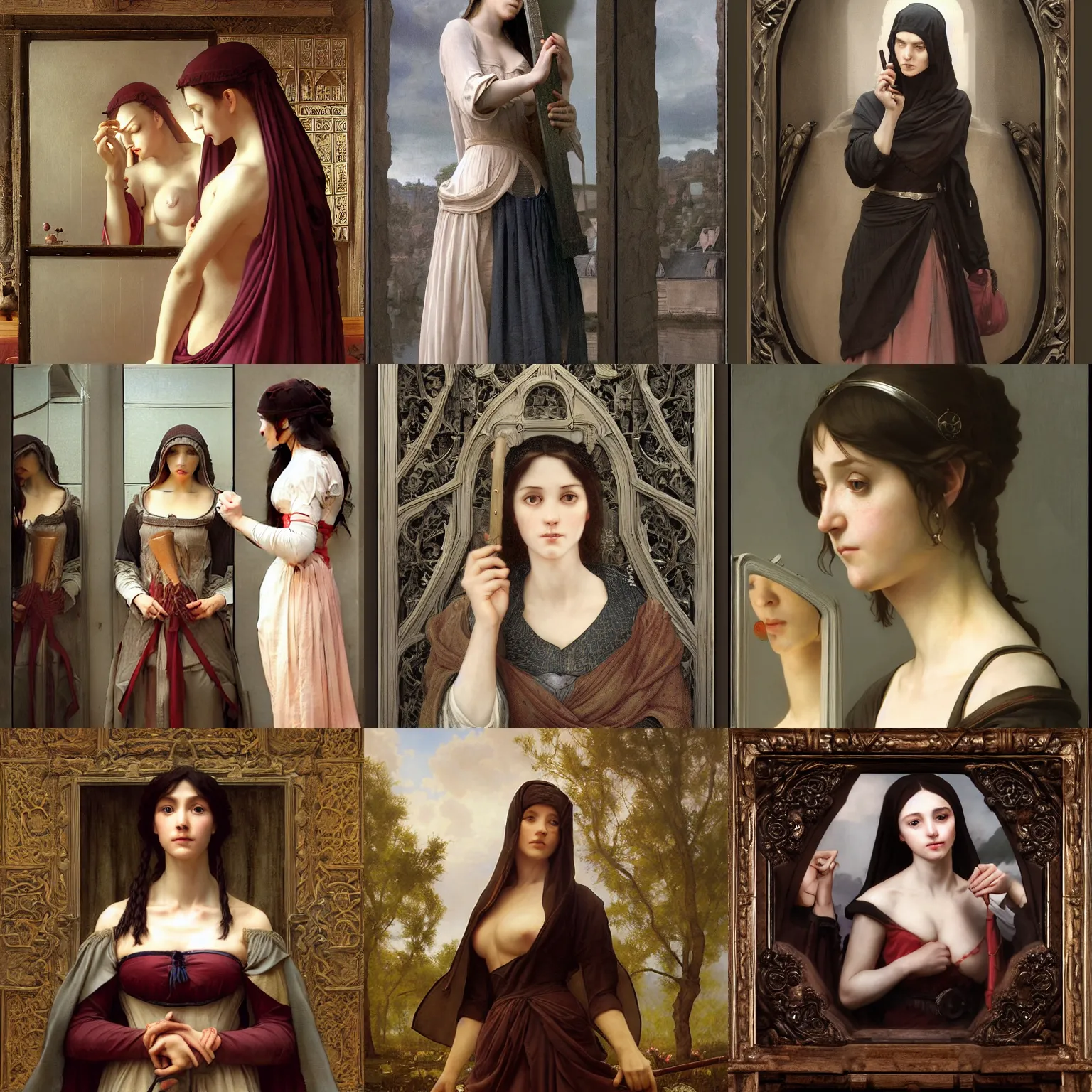 Prompt: medieval woman confused looking in mirror looking at reflection touching her dress touching her waist,, defined facial features, symmetrical facial features. by ruan jia and artgerm and range murata and krenz cushart and william adolphe bouguereau, key art, fantasy illustration, award winning, intricate detail realism hdr