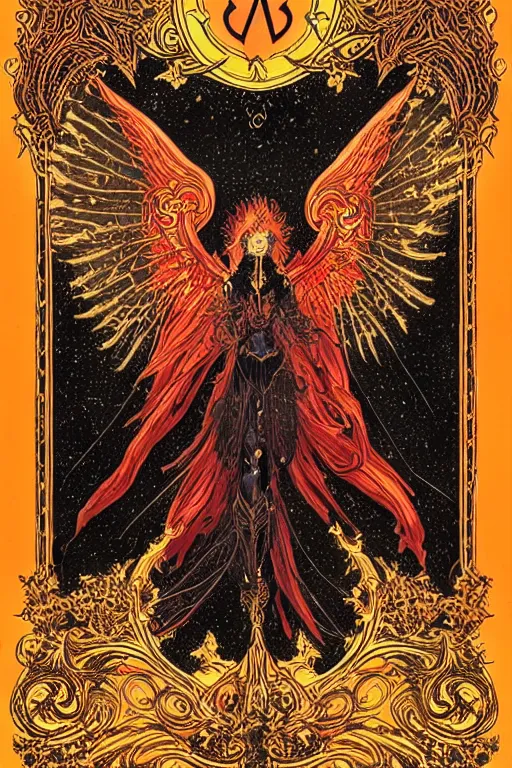 Image similar to Angel in the Light + black paper + elements + red + gold + neon + baroque + rococo + white + orange+ ink + tarot card with ornate border frame + marc Simonetti, paul pope, peter mohrbacher, detailed, intricate ink illustration