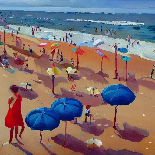 Prompt: a painting of people on a beach with umbrellas, satellite view, a painting by Sally West, featured on tumblr, action painting, oil on canvas, painterly