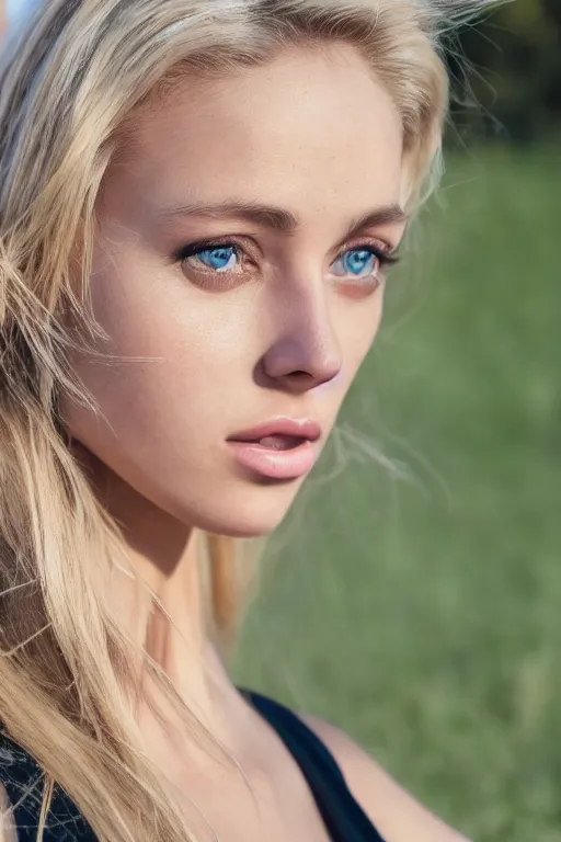 Image similar to olive skinned blonde female model in her twenties with green eyes, wearing a designer top, looking content, focused on her neck, photo realistic, extreme detail skin, natural beauty, no filter, slr, golden hour, 4 k, high definition, selfie