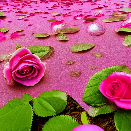 Prompt: perfume bottle surrounded by deep pink romantic rose petals, dew drops, f 2 0, soft femme, romantic simple path traced, environment, up close shot