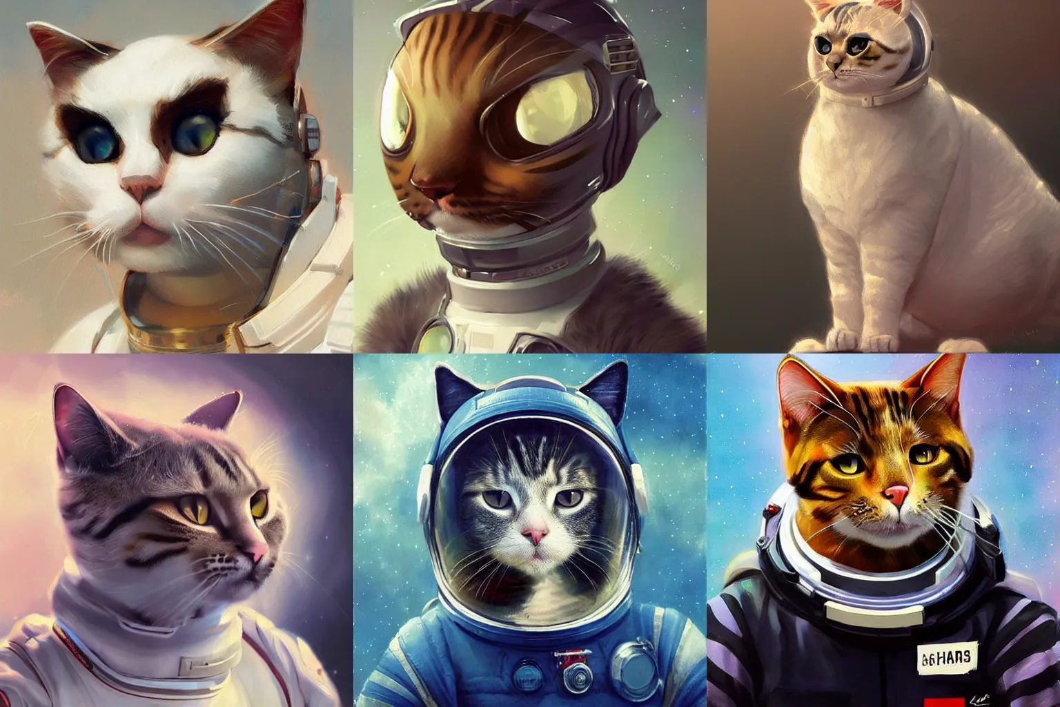 Image similar to head and shoulders masterpiece portrait of a cat wearing a spacesuit, surreal background, digital art by Krenz Cushart, trending on artstation, cgsociety,