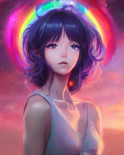 Image similar to A realistic anime portrait of a beautiful cosmic woman with glowing rainbow eyes and cosmic skin wearing clothes made of universes, digital painting, by Stanley Artgerm Lau, Sakimichan, WLOP , Makoto Shinkai and Rossdraws, digital painting, trending on ArtStation, SFW version