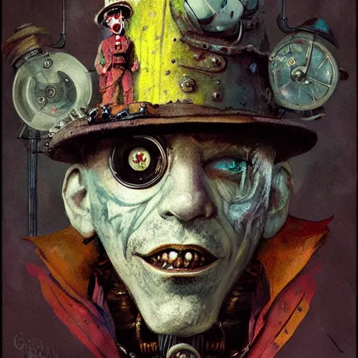 Prompt: Portrait of a creepy steampunk clown, fantasy, colorful, detailed, by Greg Rutkowski and Dave McKean