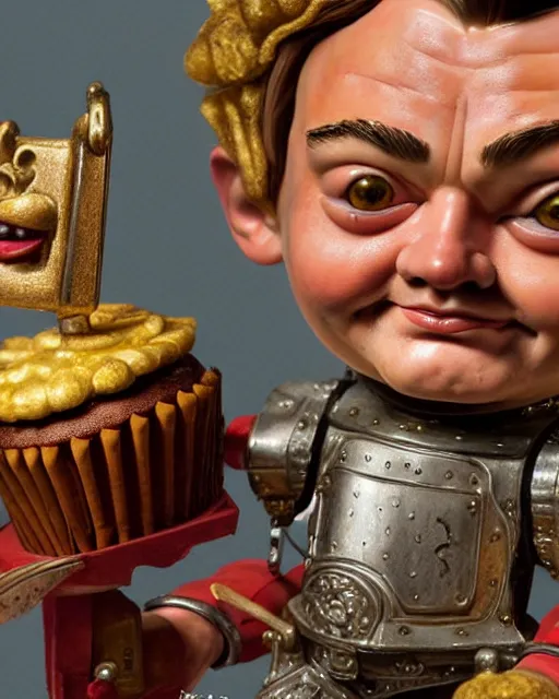 Image similar to highly detailed closeup, face profile portrait of a tin toy leonardo dicaprio as a medieval goblin eating cakes in a castle, hyper realistic, artstation, illustration, nicoletta ceccoli, mark ryden, lostfish, dan decarlo, bob clampett, max fleischer, digital paint, matte paint, vivid colors, detailed and intricate environment