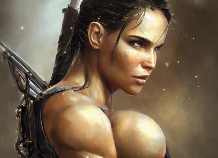 Image similar to portrait of lara croft as a beautiful female bodybuilder amazon with plump lips, elegant, fantasy, hd shot, digital portrait, beautiful, artstation, comic style, by artgerm, guy denning, jakub rozalski, magali villeneuve and charlie bowater