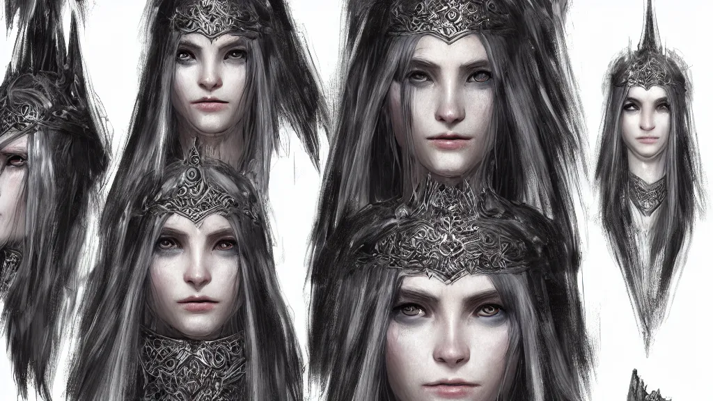 Image similar to concept art sheet, photorealistic symmetrical beautiful young female priestess with shiny hair wearing full intricate clothing, intricate, cg society, Elden Ring, darksouls, bloodborne