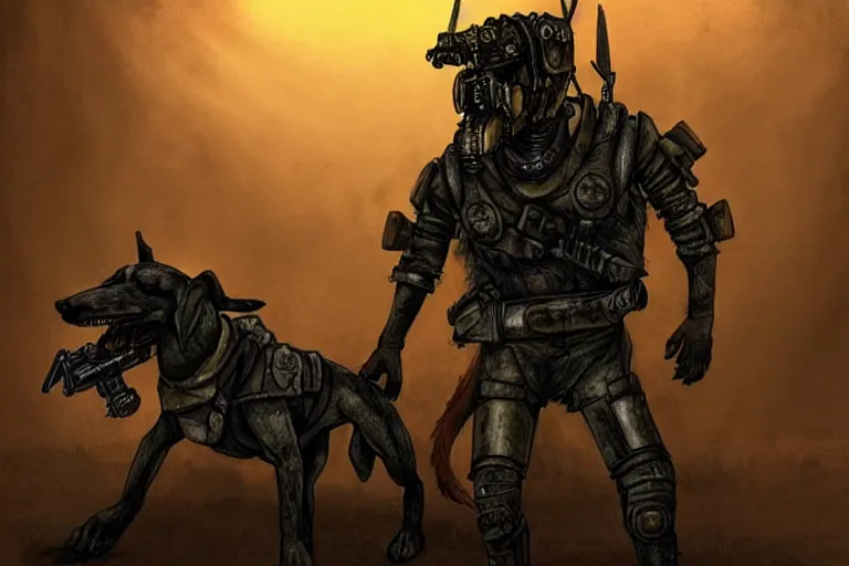 Image similar to a good ol'hound dog fursona ( from the furry fandom ), heavily armed and armored facing down armageddon in a dark and gritty version from the makers of mad max : fury road. witness me.