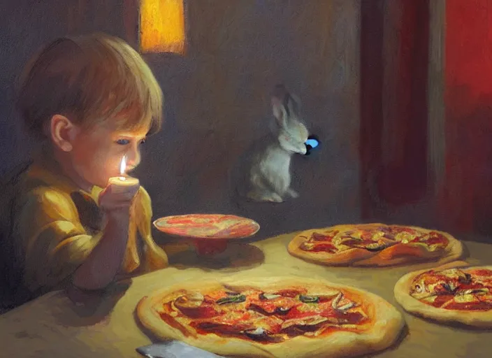 Prompt: a highly detailed beautiful portrait of a bunny at a restaurant, eating pizza, candle lit dinner, by gregory manchess, james gurney, james jean