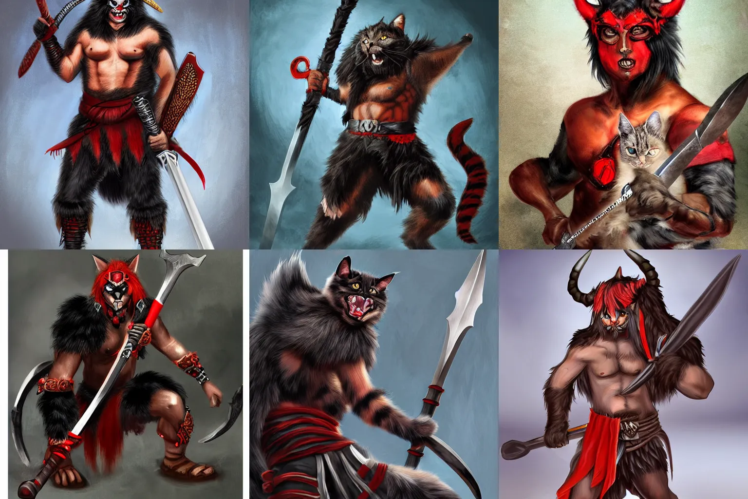 Prompt: a cat-man with a two handed sword, black fur, horns and red eyes, dresses as a barbarian, highly detailed, digital painting