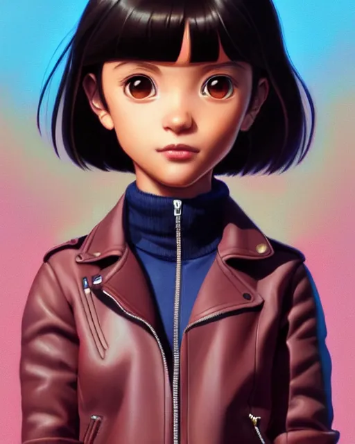 Prompt: real girl dora the explorer wearing leather jacket, fine detail!! anime!! realistic shaded lighting!!, kim hyun joo, digital painting by ilya kuvshinov, magali villeneuve, artgerm, jeremy lipkin and michael garmash and rob rey