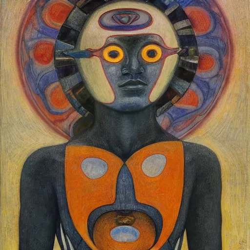 Prompt: portrait of a robot shaman, by annie swynnerton and and rufino tamayo and jean delville and edward hopper and evelyn de morgan, art deco shaman, stylized flowers, art brut, outsider art, symbolist, dramatic lighting, god rays, elaborate geometric ornament, clean crisp graphics, smooth sharp focus, extremely detailed, adolf wolfli