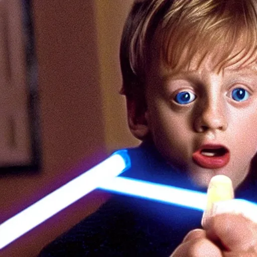 Prompt: A still of Kevin McCallister from Home Alone (1990) with a lightsaber