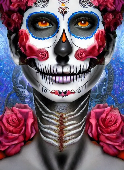 Prompt: dia de los muertos theme surrealist art in the styles of igor morski, jim warren, and loyiso mkize, intricate, hyperrealistic, accurate facial details, profile picture with chromakey!!!!! background, volumetric lighting