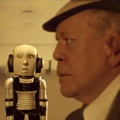 Prompt: movie scene of a man with a small robot head, movie still, acting, cinematic composition, cinematic lighting, Movie by David Lynch and Andrzej Żuławski