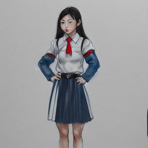 Image similar to a perfect, realistic professional digital sketch of a Korean schoolgirl posing, in style of Marvel, full length, by pen and watercolor, by a professional American senior artist on ArtStation, a high-quality hollywood-style sketch, on high-quality paper