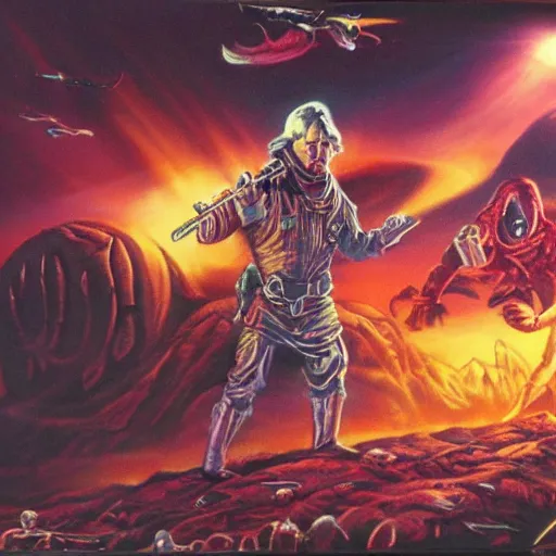 Image similar to high fantasy 1 9 8 0's wargame airbrushed artwork, an american senator overcome by dark mysterious energy, red glowing evil possessed eyes, waving a chrome revolver