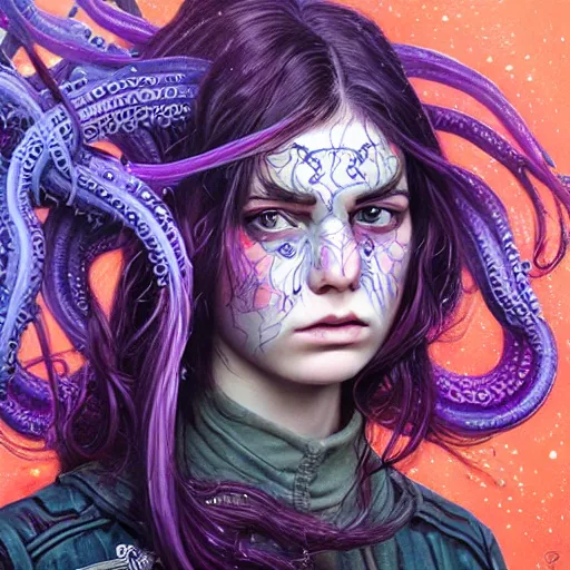 Image similar to detailed photo portrait of a furious teen girl with thin, hair-like purple tentacles on her head and bright purple eyes, 8k,by tristan eaton, Stanley Artgermm,Tom Bagshaw,Greg Rutkowski,Carne Griffiths,trending on DeviantArt, face enhance,hyper detailed ,full of colour, dramatic lightning