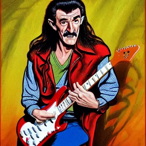 Image similar to Barry Chuckle Shredding on an electric guitar in the style of Jean Giraud