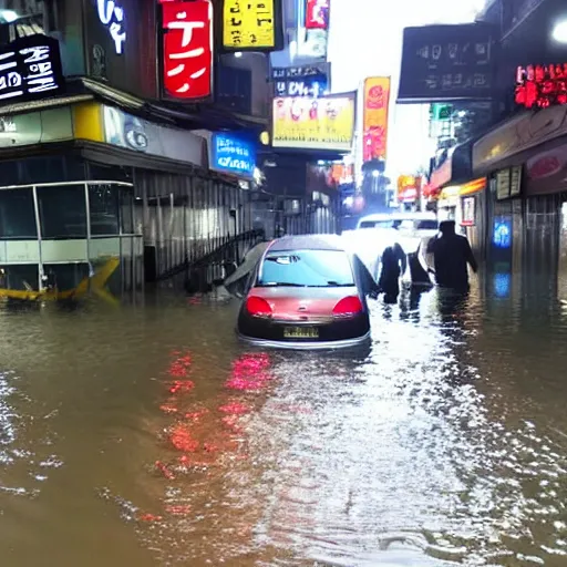 Prompt: seoul city is flooded by heavy rain. A car is middle of the street flooded.