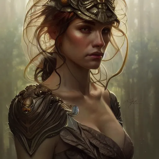 Image similar to portrait of forest gog, female, clear face, masculine, upper body, muscular, fantasy, intricate, elegant, highly detailed, digital painting, artstation, concept art, matte, sharp focus, illustration, art by artgerm and greg rutkowski and alphonse mucha