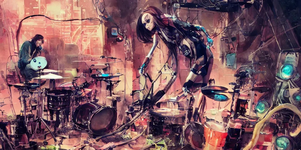 Image similar to Octopus girl playing R&R drum kit in the spotlight with rock band squid concert, cyberpunk, realistic, detailed, Industrial Scifi, paint, watercolor, in the style of Ashley Wood and Wadim Kashin