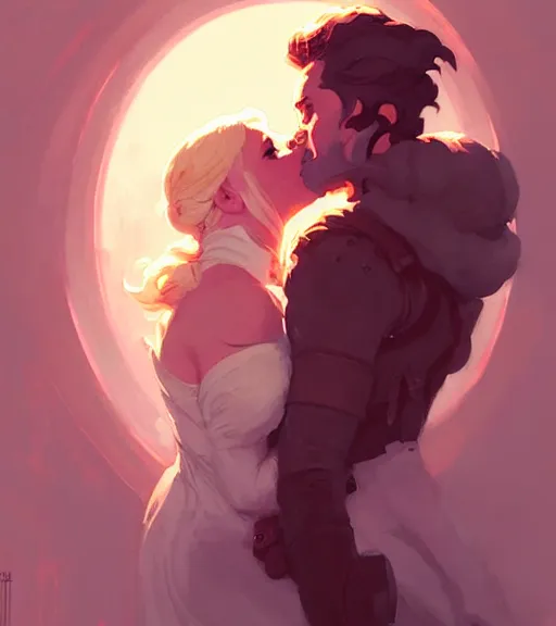 Image similar to portrait of cullen kissing dany by atey ghailan, by greg rutkowski, by greg tocchini, by james gilleard, by joe fenton, by kaethe butcher, dynamic lighting, gradient light pink, brown, blonde cream and white color scheme, grunge aesthetic