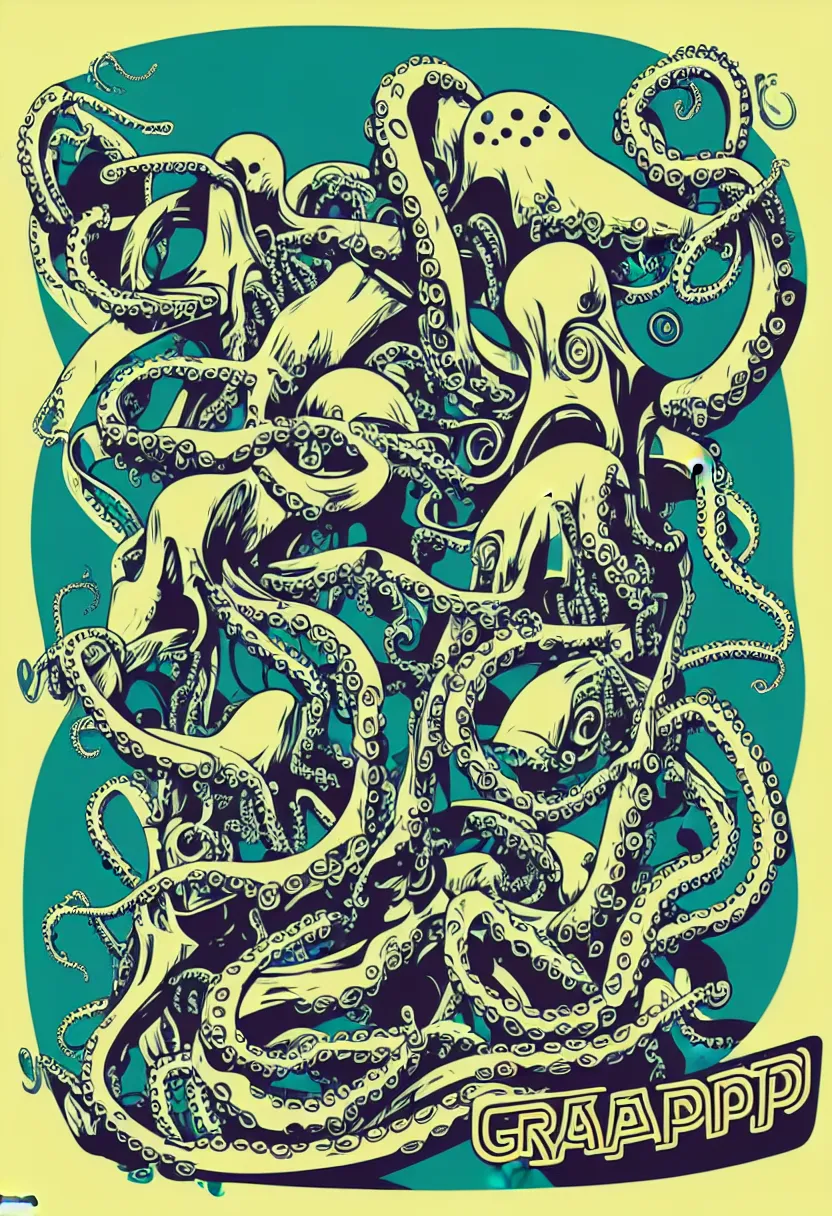 Image similar to concert poster for band named 'Grandpa Finger', robotic octopus, vector art, sticker design, 8k, highly detailed