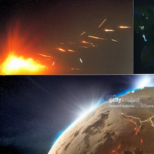Image similar to Photo of the last day of the world. Meteors falling and destroying cities. explotions, destruction. news photography, cinematic still from Deep Impact