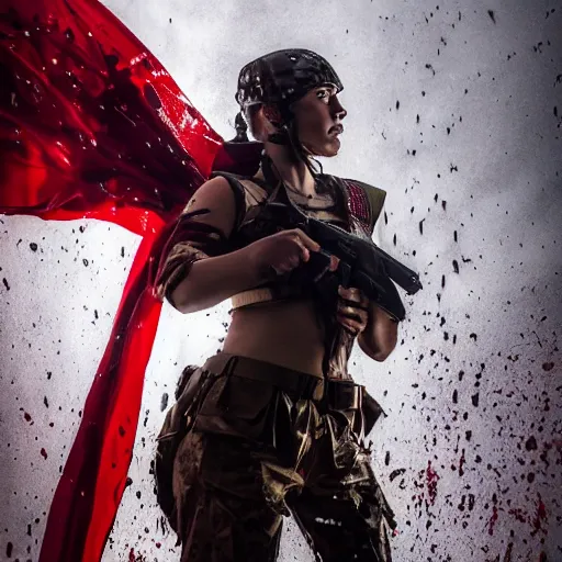 Image similar to a young female soldier wearing blood-spattered glossy sleek white dinged scuffed armor and a long torn red cape, heroic posture, determined expression, elegant, battle weary, no helmet, rain, jungle, dramatic lighting, cinematic, sci-fi, hyperrealistic, detailed