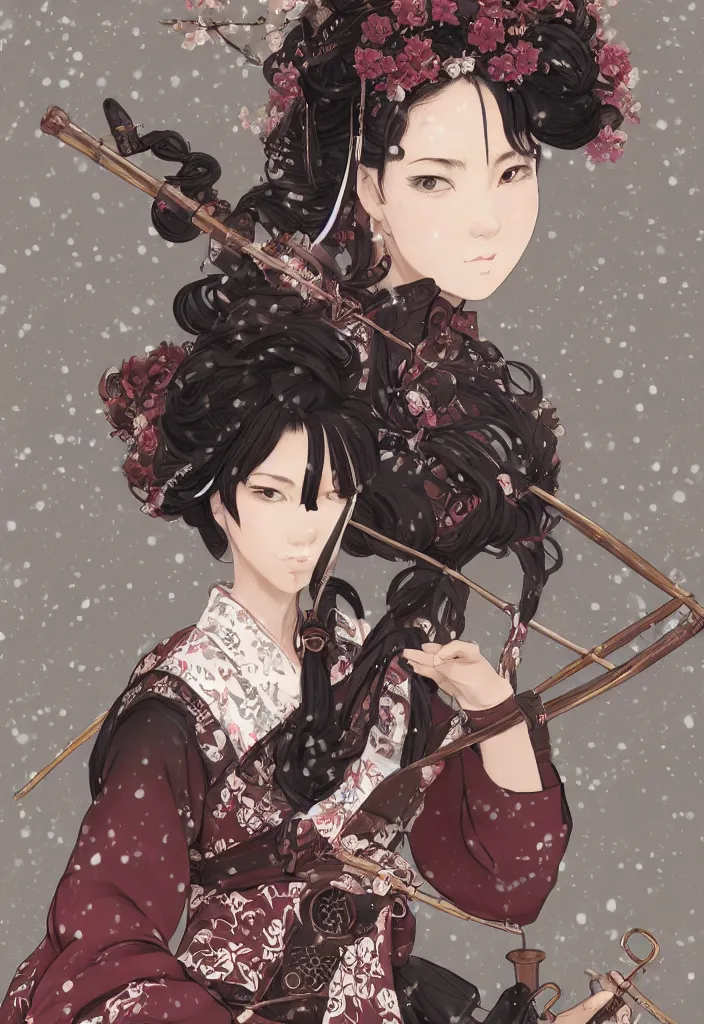 Prompt: detailed portrait of steampunk black girl samurai with tachi and cross bow combat pose in snow forest sakura cherry blossom swan hakama kimono trending on artstation elite, elegant, luxury, by krenz cushart, junji ito, perfect face, fine details, realistic shaded, fine - face, pretty face