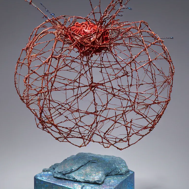 Image similar to hyperrealistic sculpture of a bronze ancient fossilized sea urchin brittle star dusted with opalescent blue and iridescent red spraypaint in a nylon grid cage on a pedestal by ron mueck and duane hanson and lee bontecou, hyperrealistic dramatic colored lighting trending on artstation 8 k